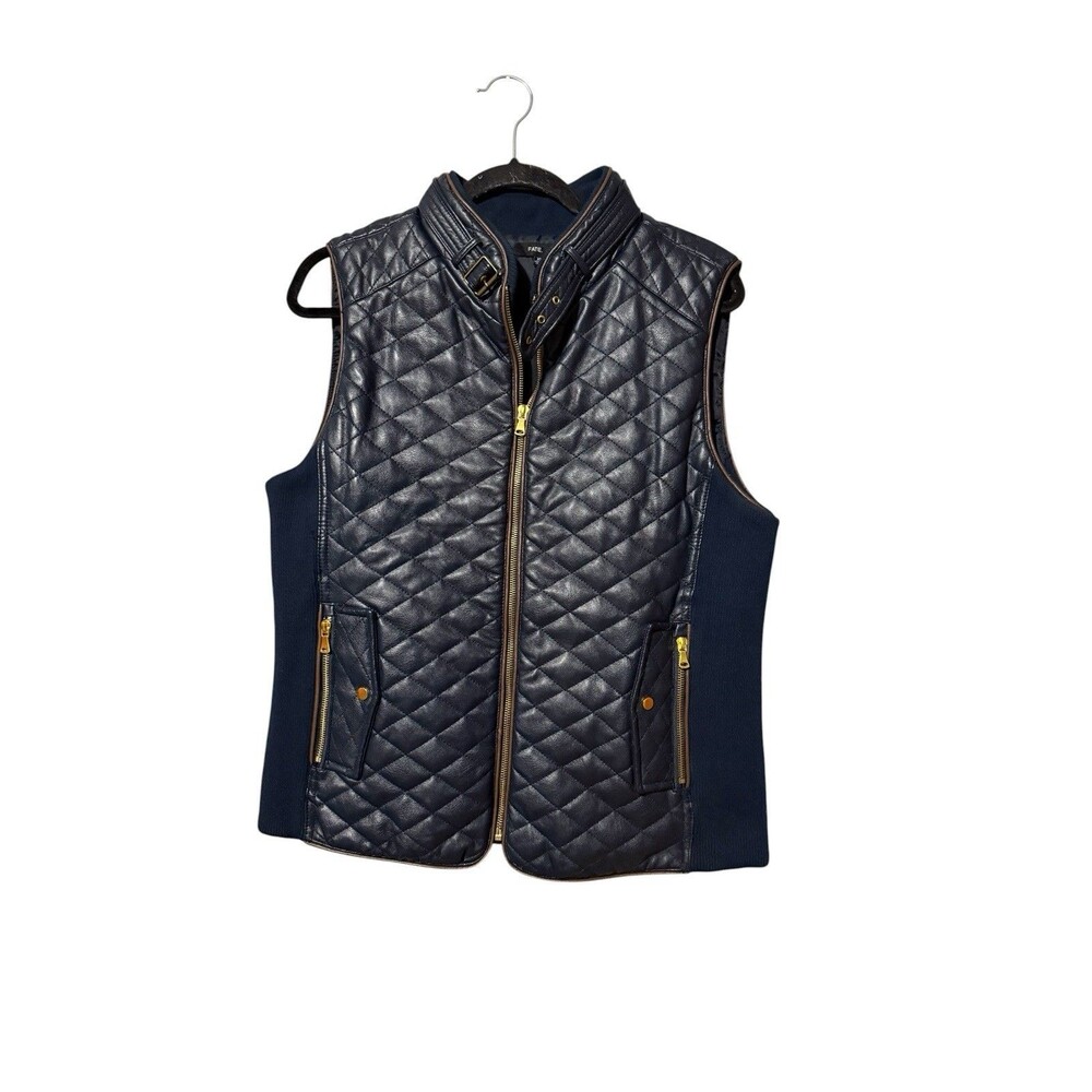 Fate Quilted Faux Leather Vest XL Navy Moto Zip Front Stretch Panels